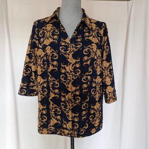 Sifa Fashion 3/4 Sleeve Button Front Blouse 16 Black Gold Floral Art Deco Flowy